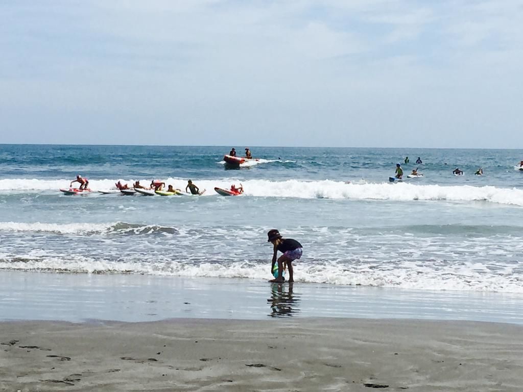 A beach with people surfing and paddling on the water, and a person standing in the shallow water.