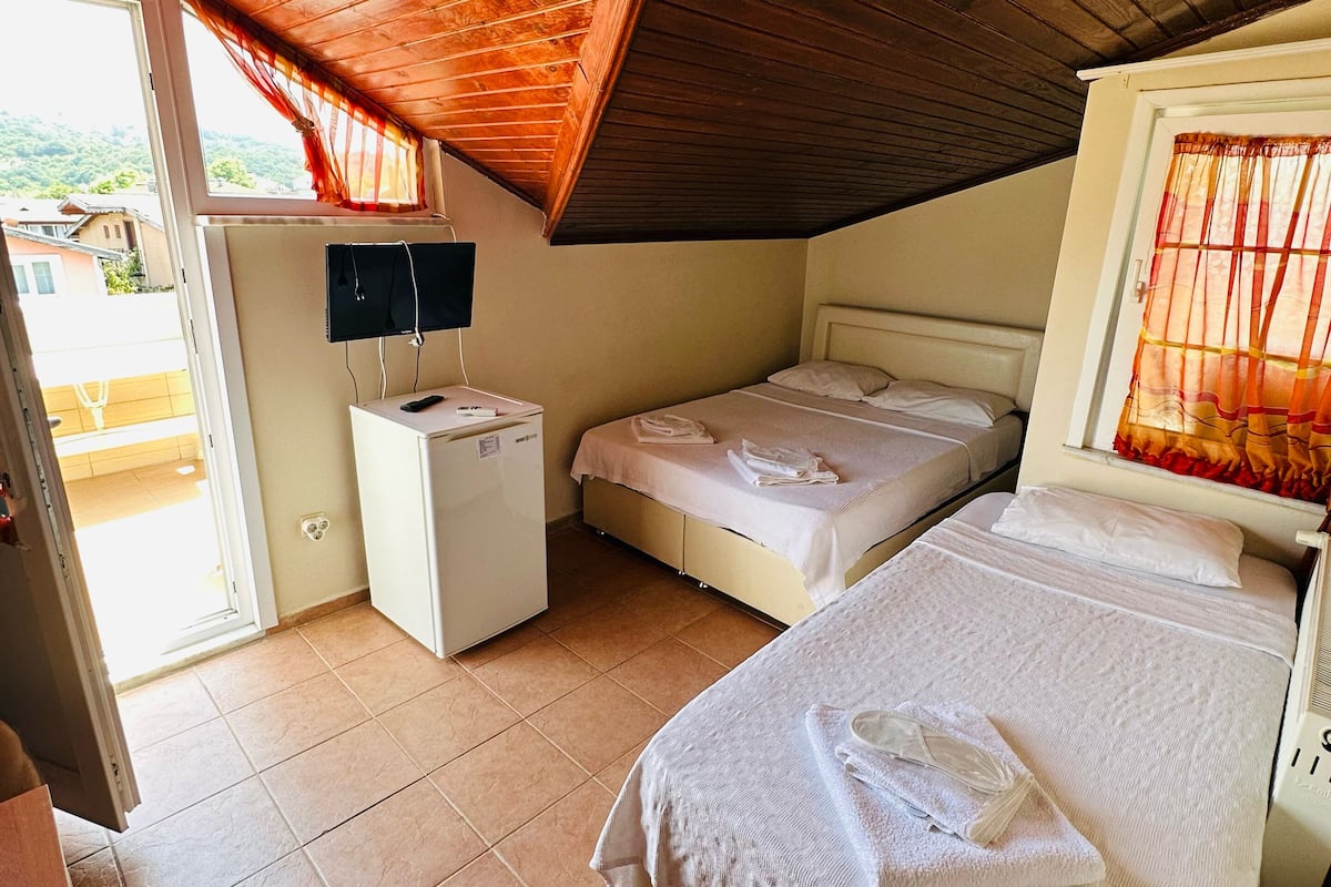 A bedroom with two beds, a small desk, and a television.