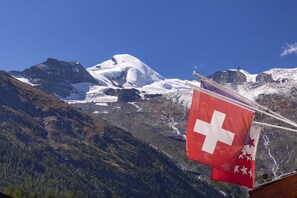 A mountainous landscape with a snow-capped peak and a flag with a red cross and stars. - Hotel Eden No. 7 (Saas-Fee)