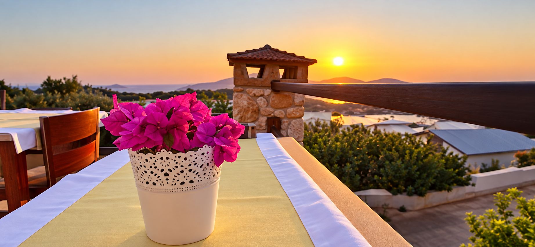 Une table ornée d’un vase rempli de fleurs roses, une chaise en bois et une vue sur un coucher de soleil se reflétant sur une étendue d’eau, avec une structure en pierre en arrière-plan.