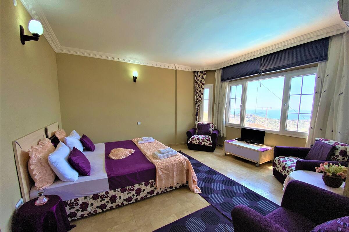 A hotel room with a bed, a sofa, a chair, a TV, and a window with a view.