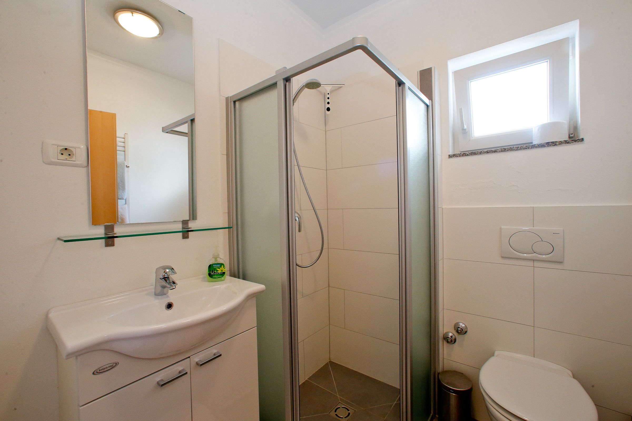Un baño con ducha separada por mampara de vidrio, un lavamanos blanco y un inodoro.