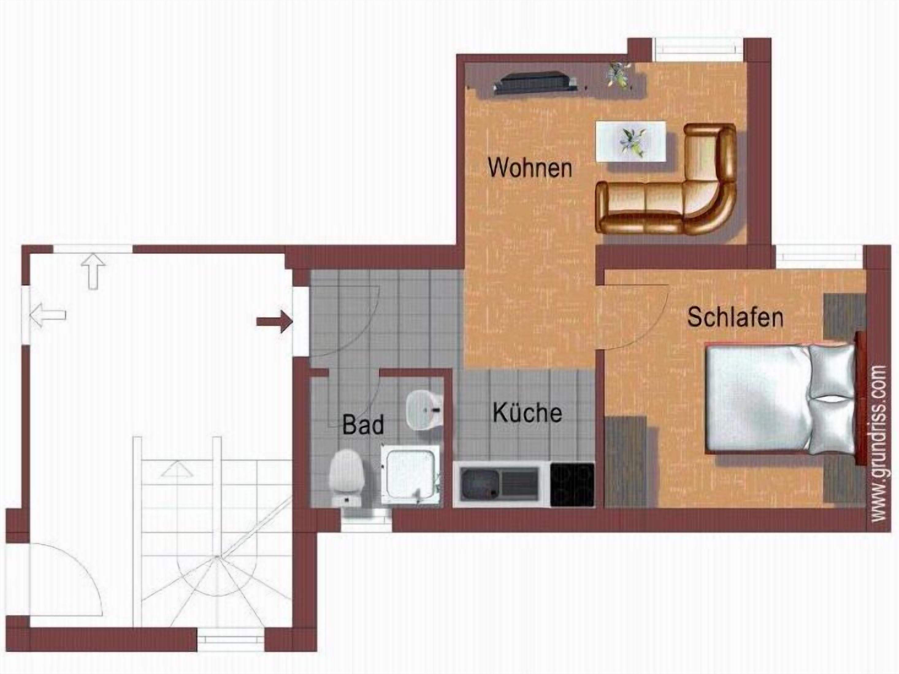 A floor plan of a hotel room with a living area, bedroom, bathroom, and kitchen.