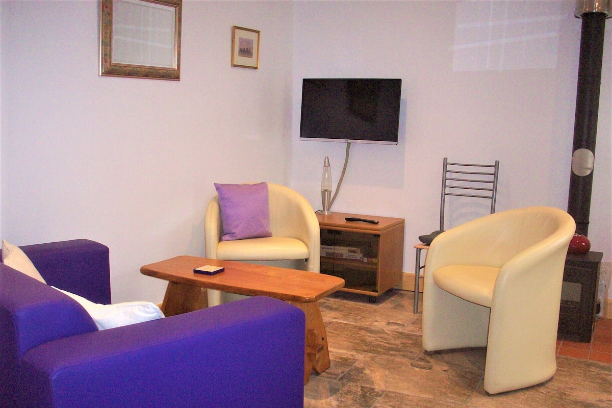 A living room with two sofas, a TV, a small table, and a lamp.