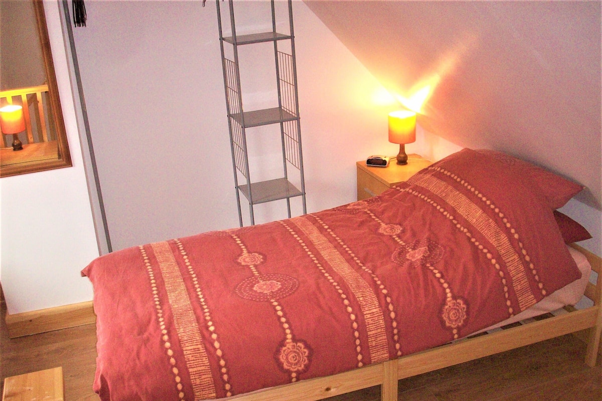 A single bed with a red blanket and a wooden frame in a room with a ladder against the wall and a nightstand with a lamp.