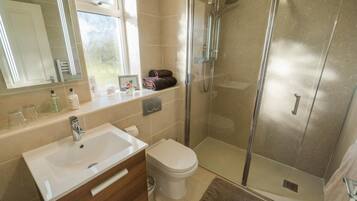 Un baño moderno con ducha envuelta en vidrio, un lavabo blanco y un inodoro.