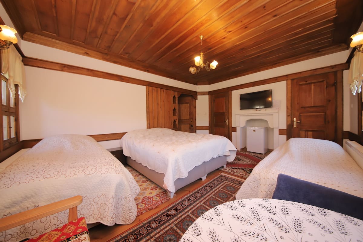Een kamer met twee bedden, een televisie en een open haard.