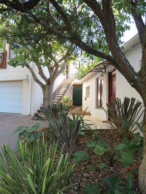 Stroll through the serene garden, surrounded by lush plants and a mature tree, with a garage and a charming outbuilding nearby.