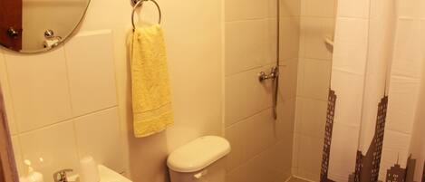 Un baño con lavabo, inodoro y ducha.