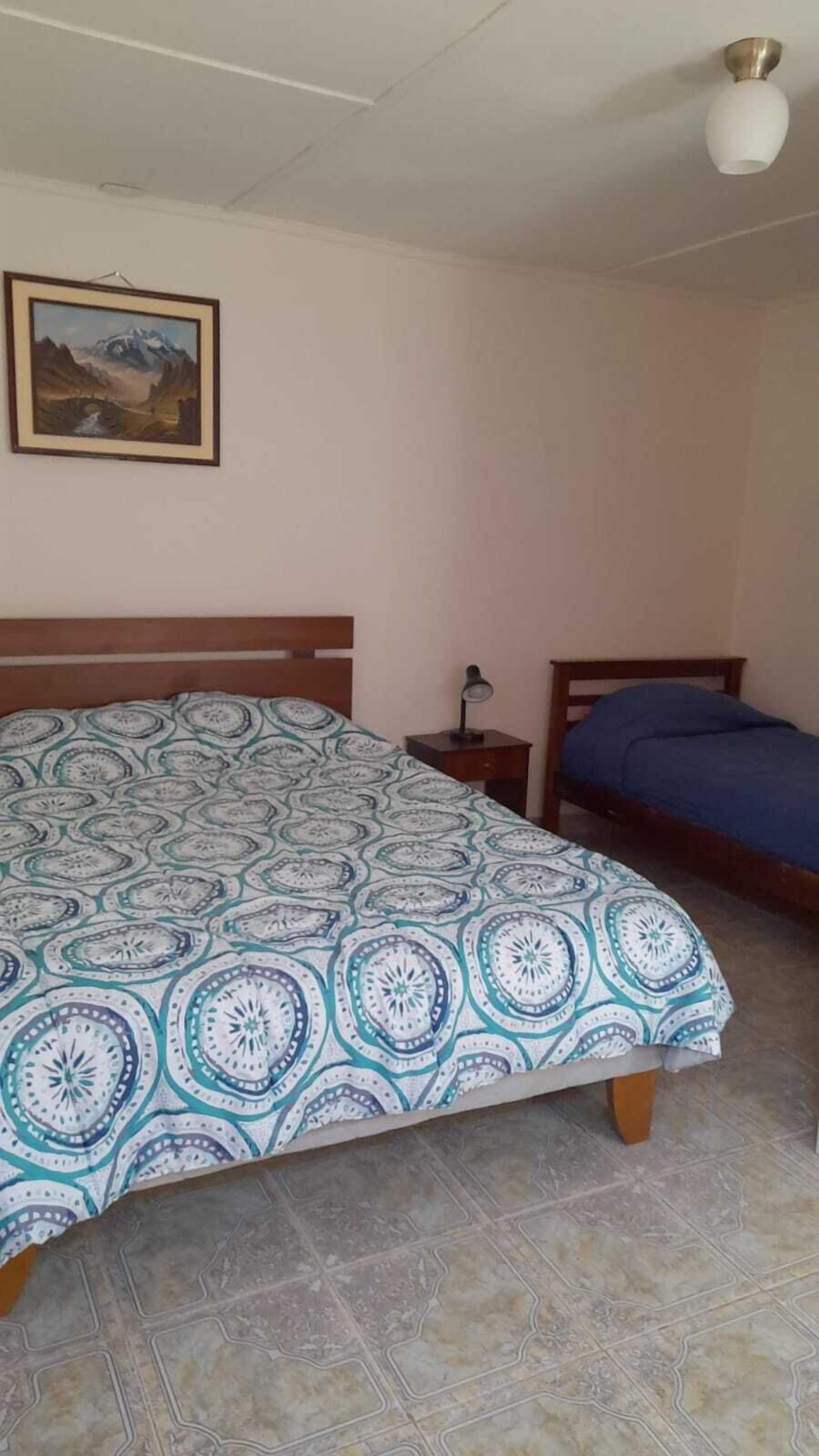 A bedroom with a patterned bedspread, a nightstand with a lamp, and a painting on the wall.