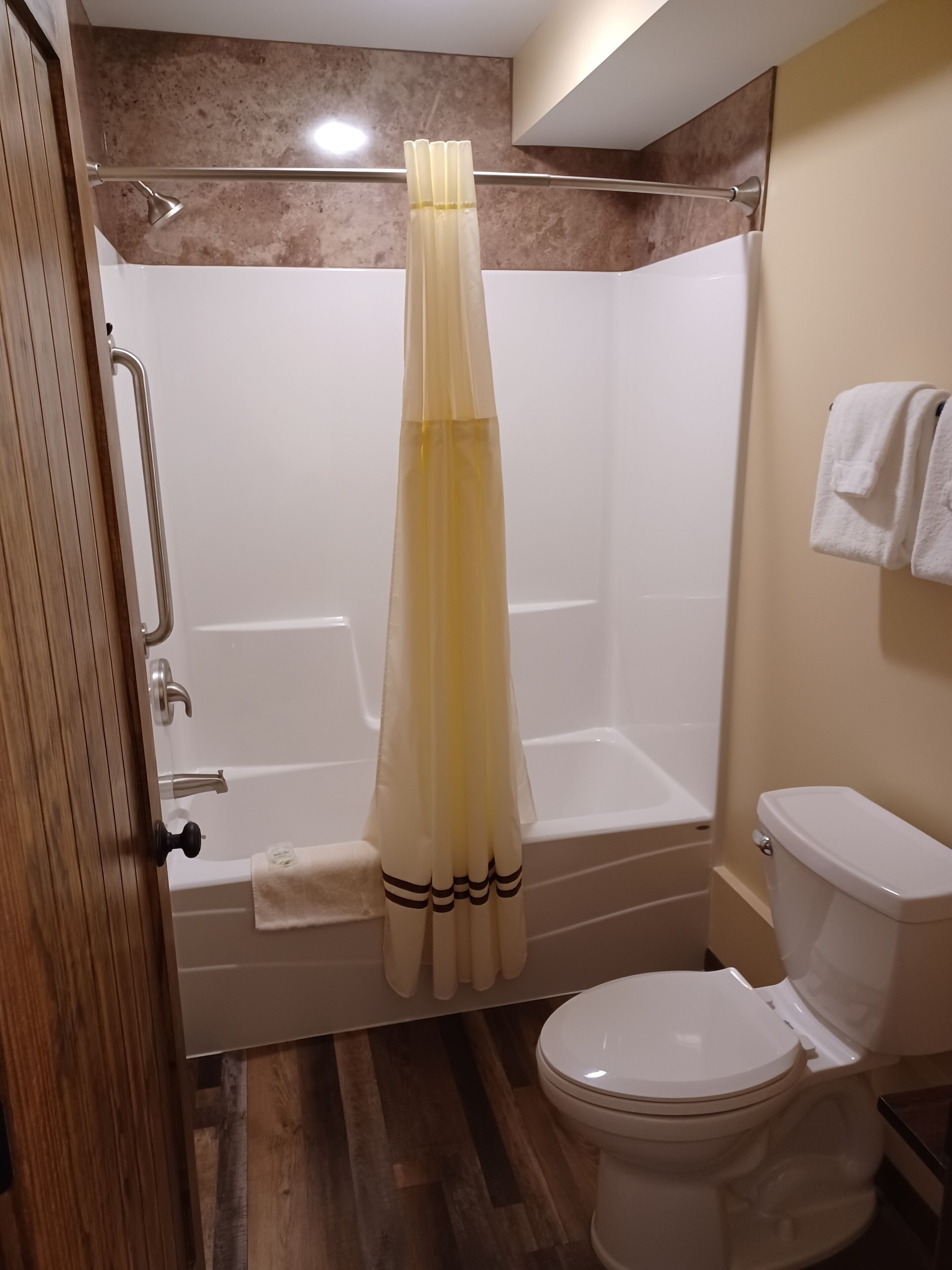 A bathroom with a bathtub, toilet, and a shower curtain.