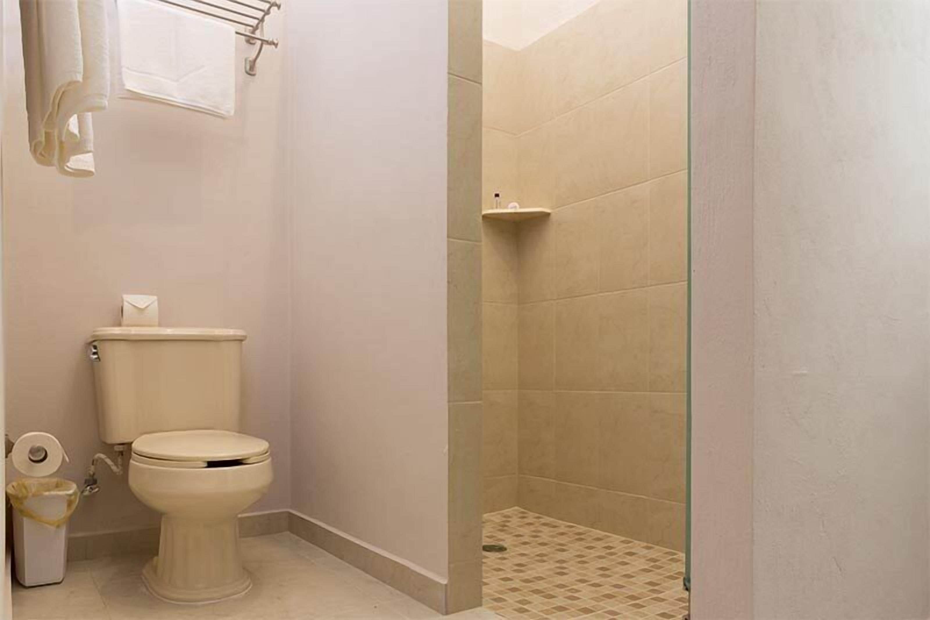A bathroom with a toilet, a small shelf with toiletries, and a shower area with tiled walls.