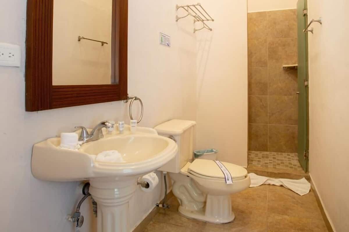 A bathroom with a pedestal sink, a toilet, and a shower stall.