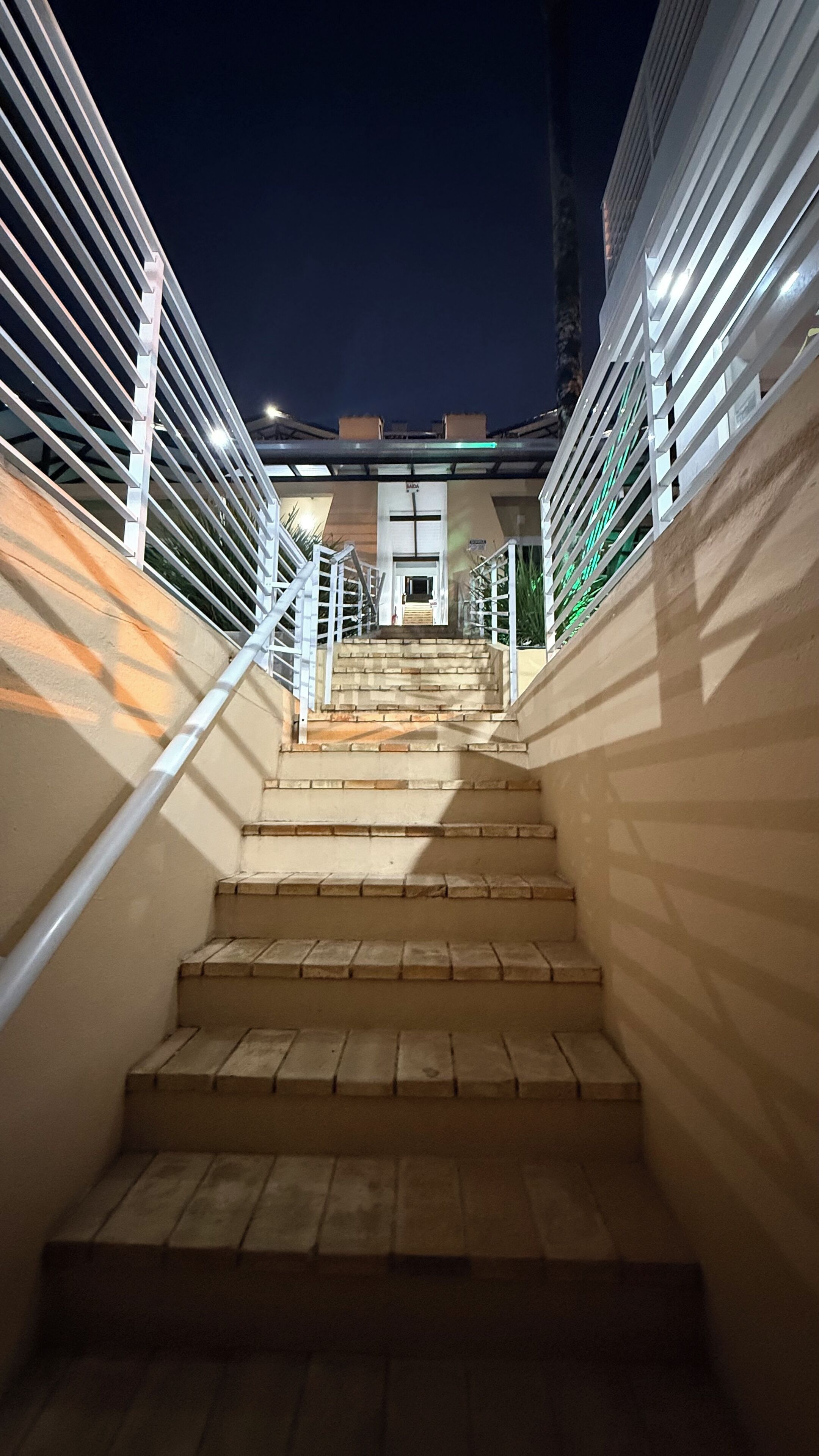 Un escalier menant à l’entrée d’un immeuble, de nuit.