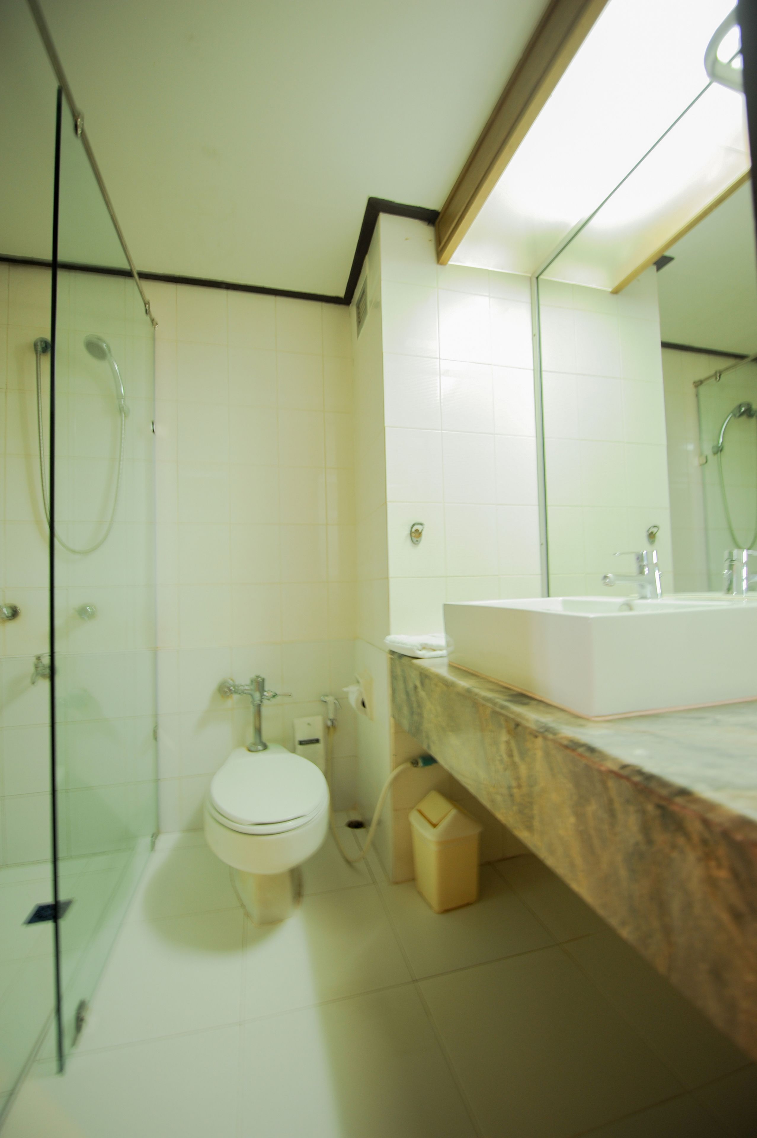 Ein modernes Badezimmer mit Duschkabine aus Glas, einer weißen Toilette und einer Marmorplatte mit Waschbecken.