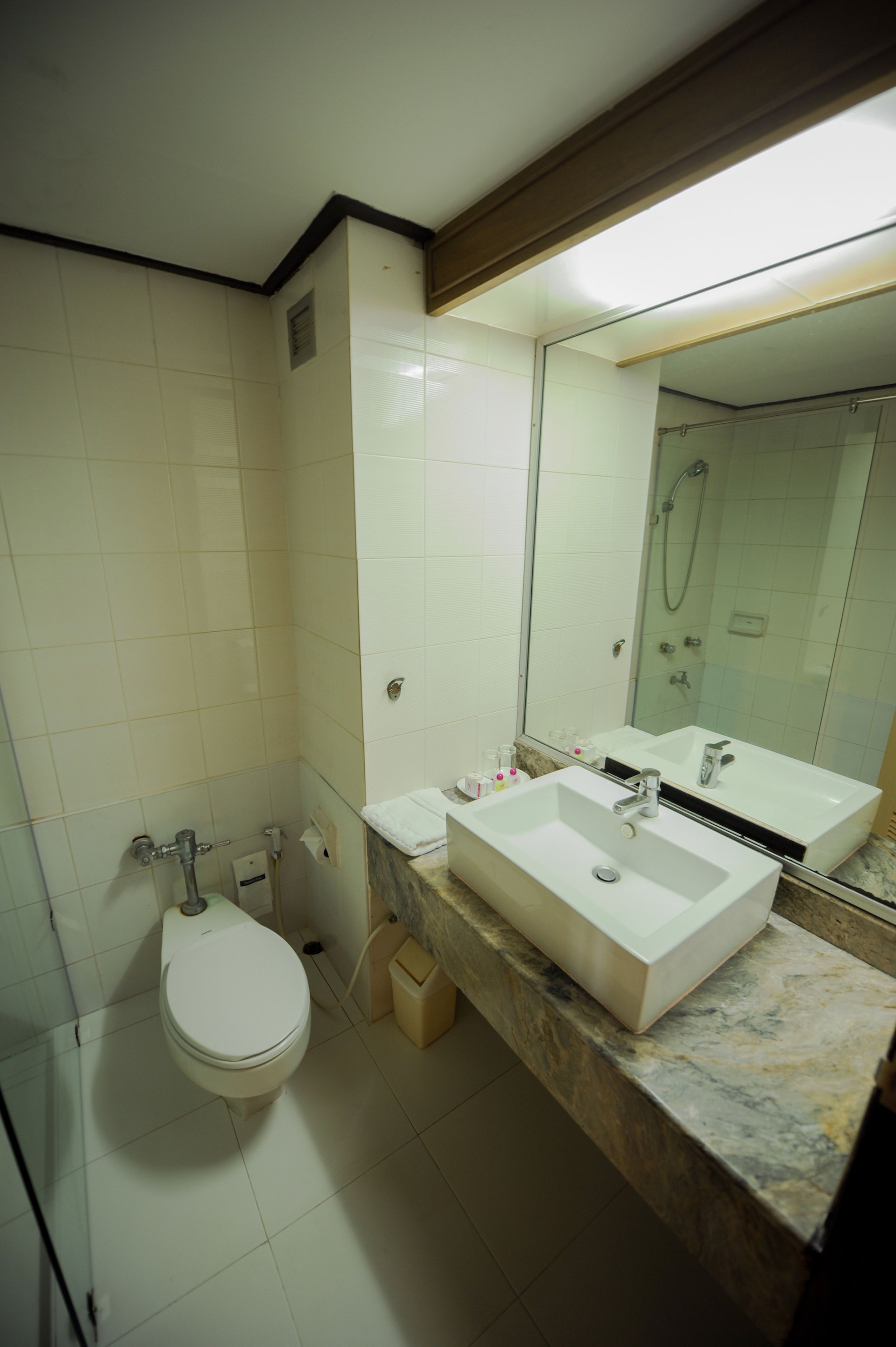 Un baño con inodoro, dos lavamanos, espejo y ducha.