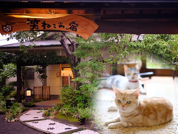 Ein traditionelles japanisches Gebäude mit hölzernem Eingang und einem Schild darüber.