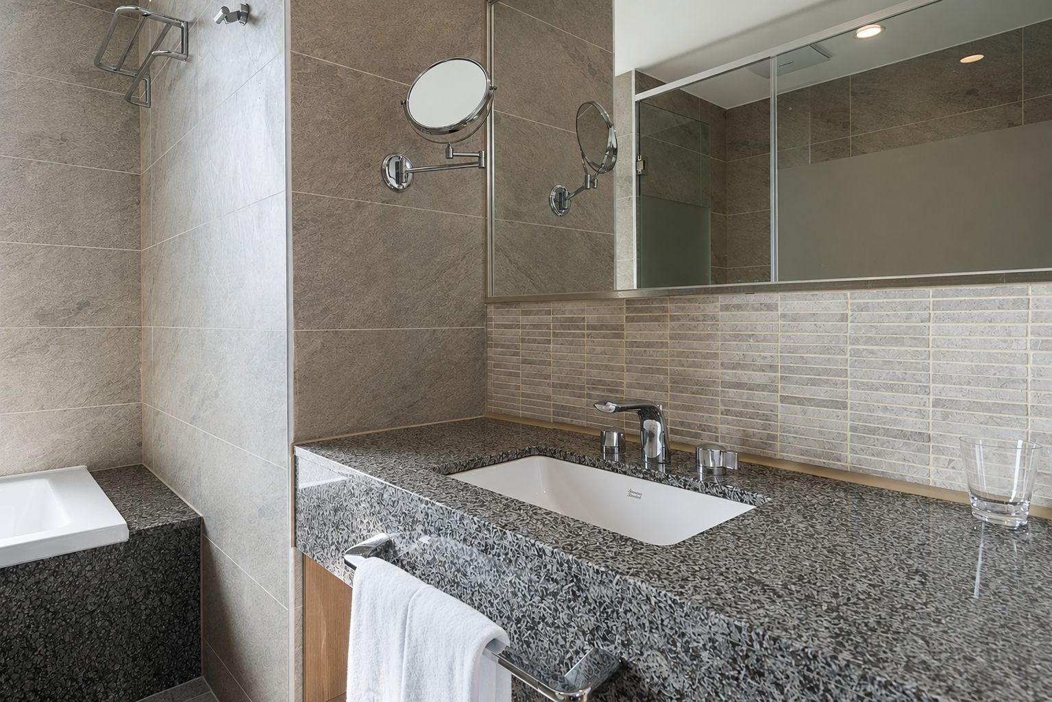 A modern bathroom with a shower, two sinks, a mirror, and a glass shower enclosure.