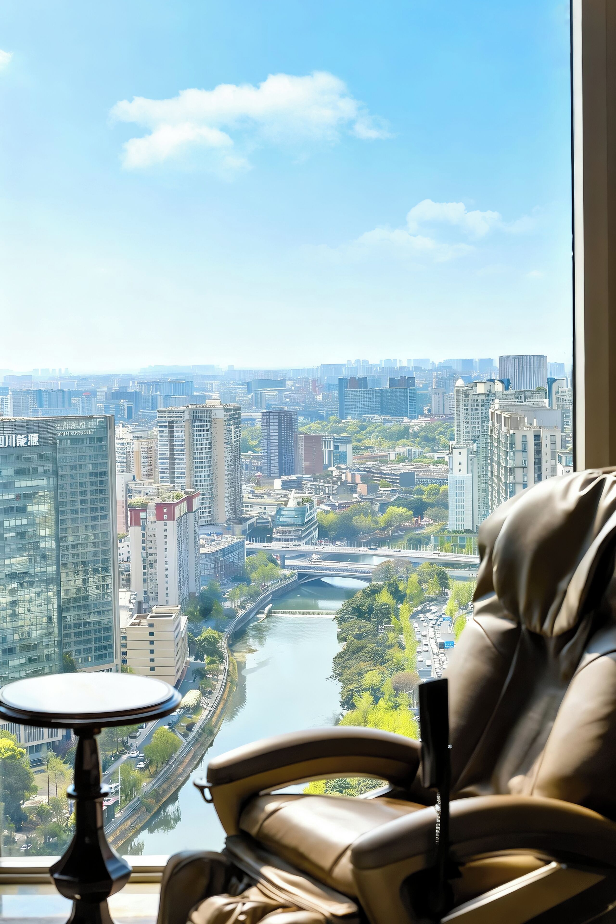 A city view from a window with a sofa and a small table.