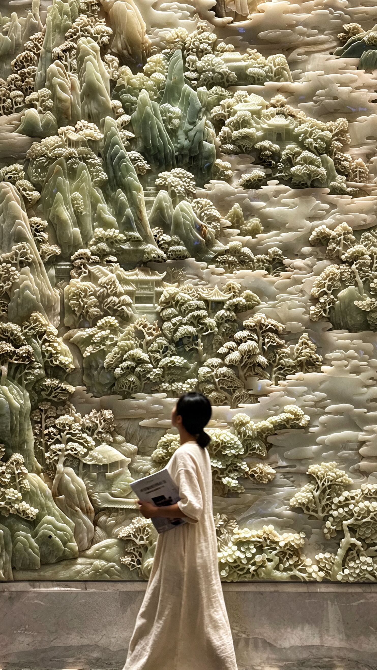 Una persona con un vestido blanco largo posa frente a un intrincado relieve mural.