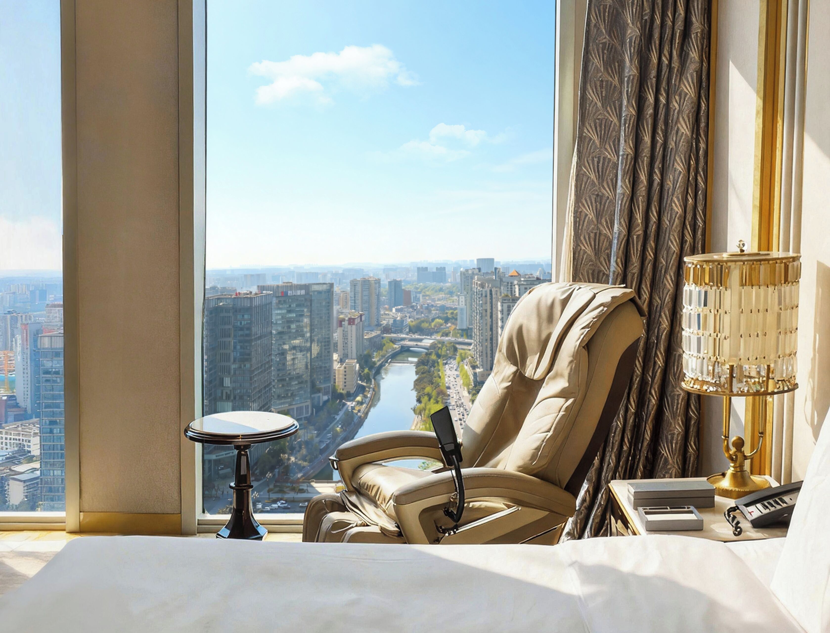 A high-rise hotel room with a city view, a leather armchair, a small round table, a lamp, and a bed.