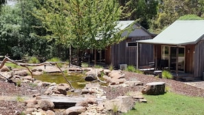 A rustic cabin with a pond, surrounded by rocks and greenery.