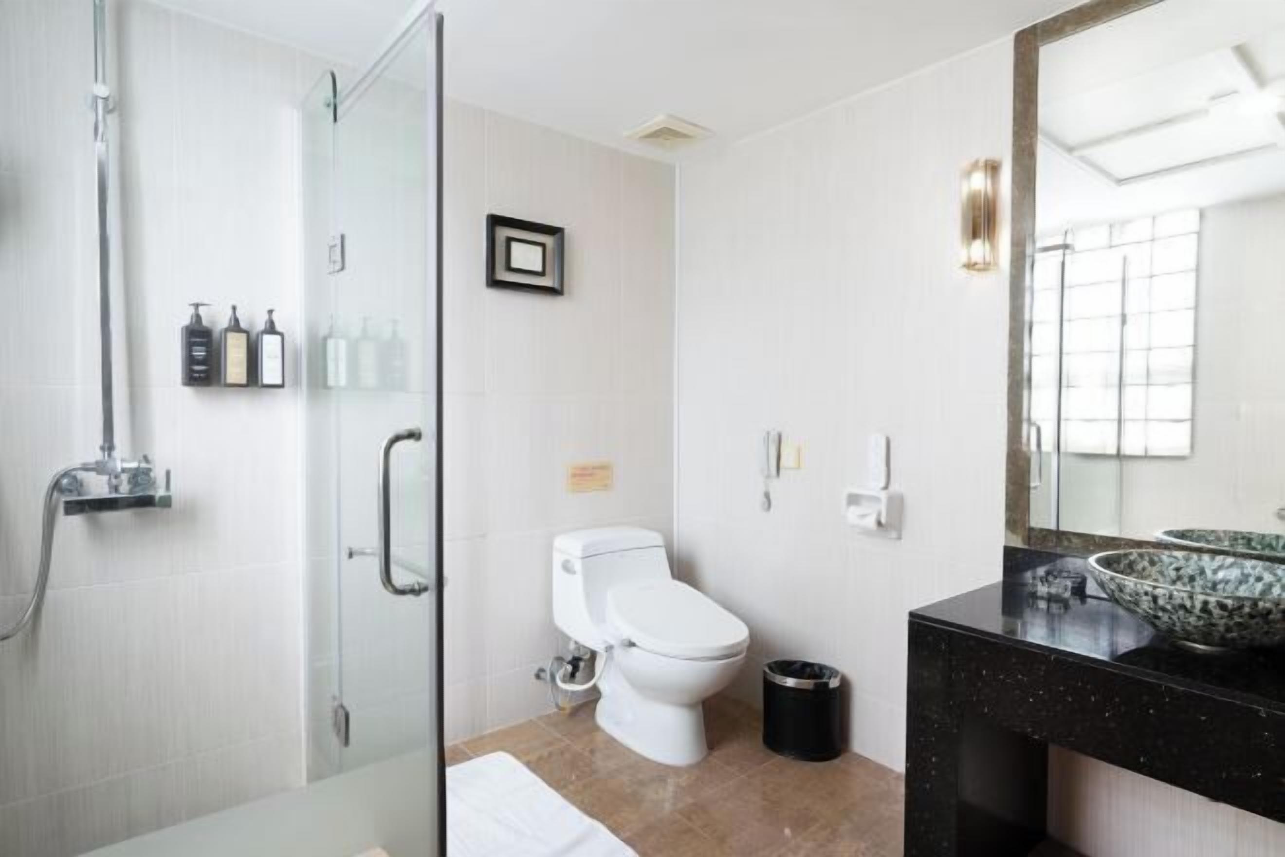 Separate bathtub and shower, free toiletries, hair dryer, slippers