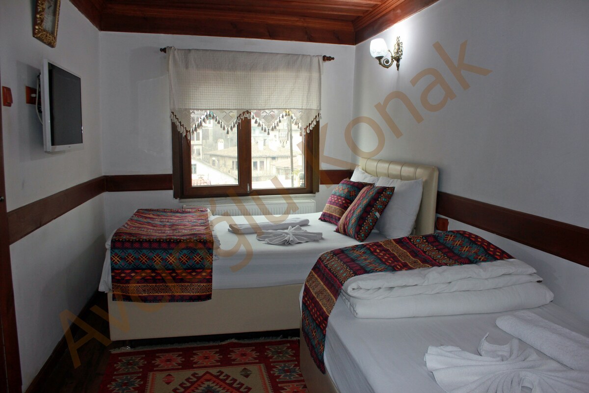 Quarto de hotel com duas camas, janela com vista, televisão de tela plana e tapete estampado.