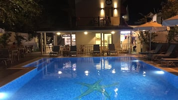Outdoor pool, pool umbrellas, pool loungers