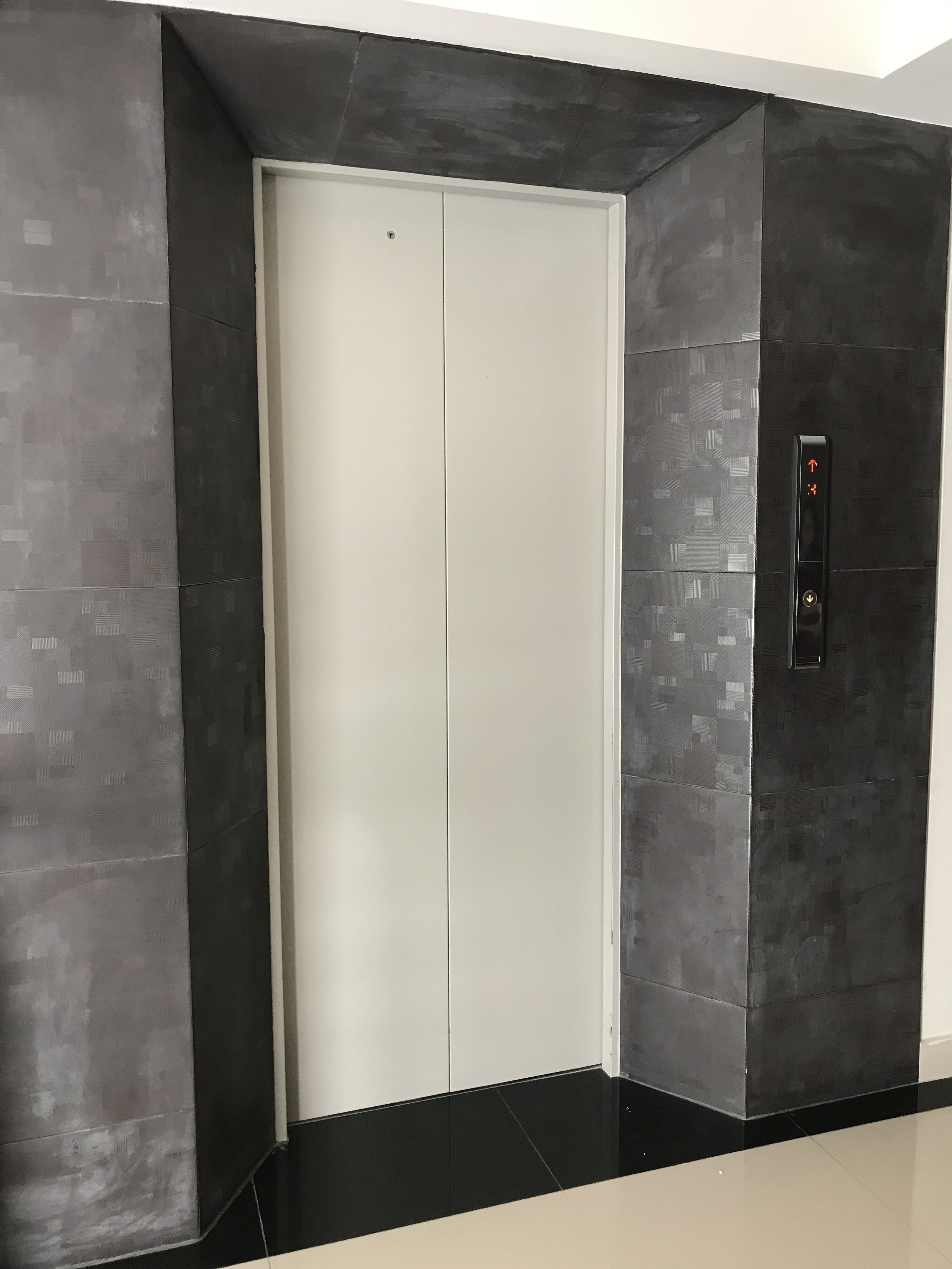 A modern elevator with a digital display, flanked by dark patterned walls and a glossy black floor.
