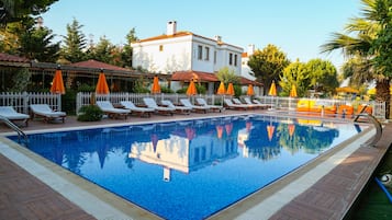 Outdoor pool, pool umbrellas, pool loungers