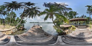 Un muelle de madera que lleva a un lago tranquilo, rodeado de palmeras y un pabellón.