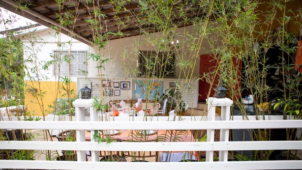 Une clôture blanche avec des plantes en pot derrière.