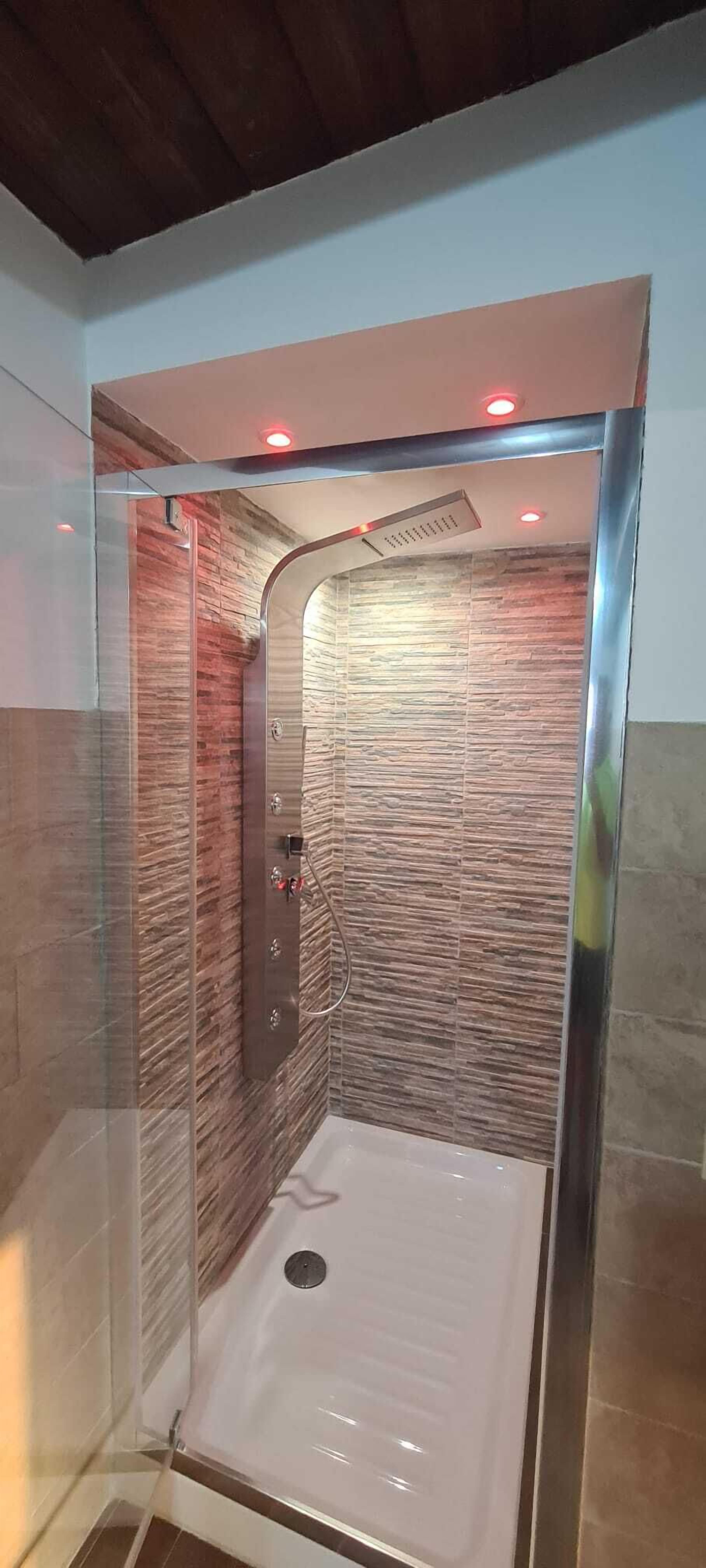 A modern shower enclosure with a glass door, a curved showerhead, and a tiled wall.