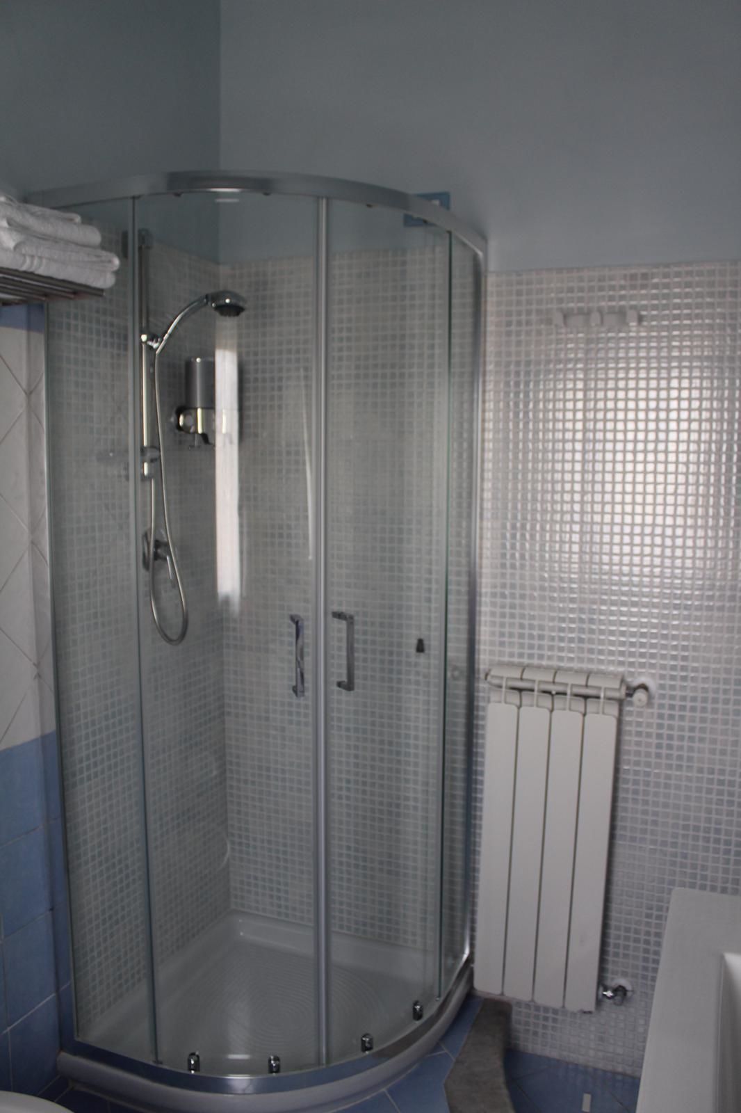 A corner shower with a glass door and a tiled wall.
