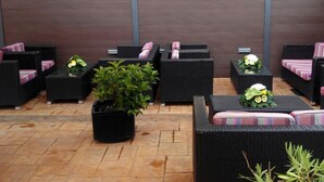 Un espace patio aménagé avec des meubles en osier, notamment des canapés et des tables, dont certains sont dotés de coussins et agrémentés de petites plantes en pot.