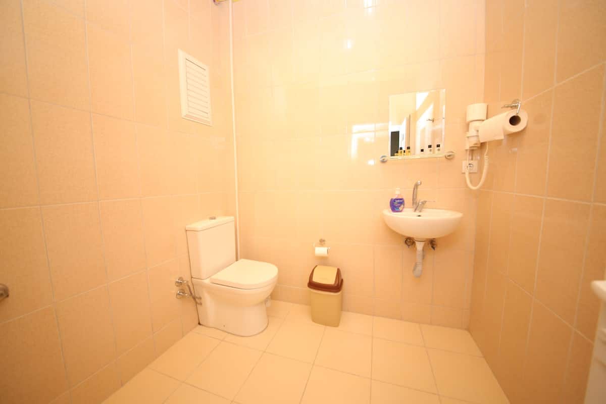 Un baño con inodoro, lavabo y espejo.