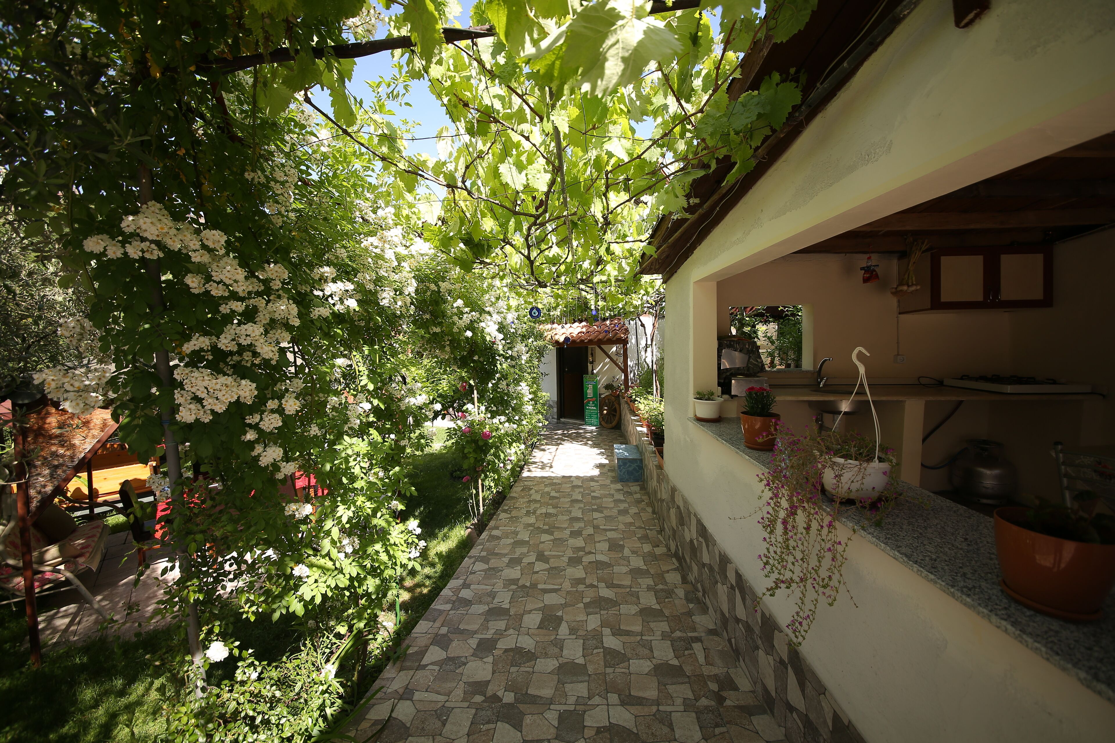 Um corredor estreito com piso de pedra e azulejos, ladeado por vegetação exuberante e plantas com flores brancas.