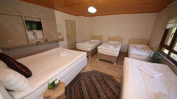 A hotel room with three single beds, a wooden ceiling, a small rug, and a plant by the window.