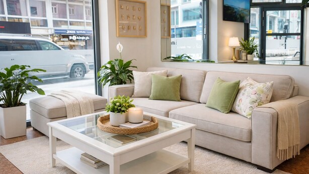 A modern living room with a white sofa, a glass coffee table, and two potted plants. - Bayers Boardinghouse & Hotel (Munich)