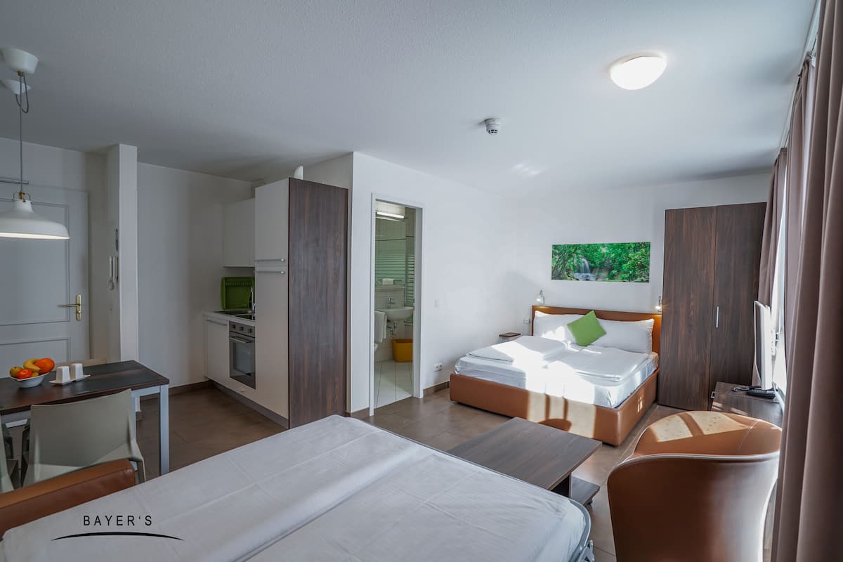 Studio, 1 queensize bed met slaapbank | Privékeuken | Een koelkast, een magnetron, een oven, een kookplaat