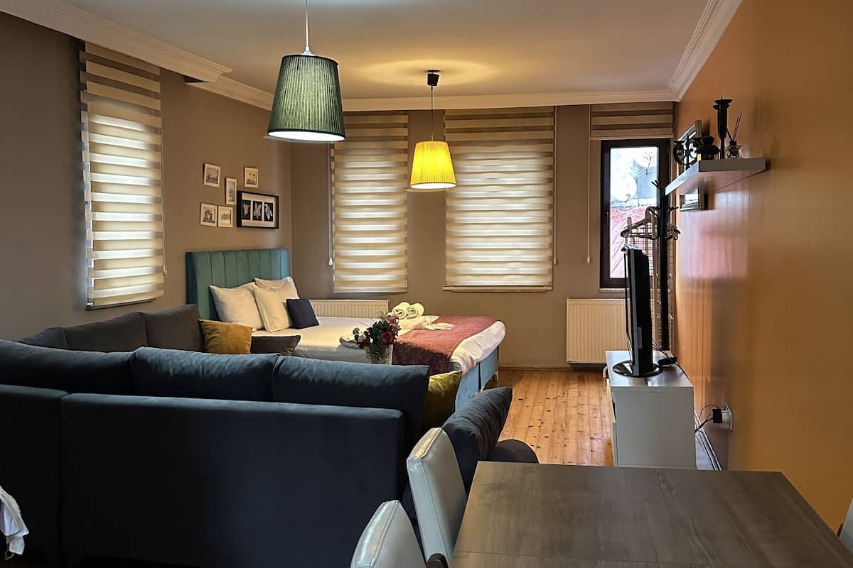 A modern living room with a sofa, a dining table, and a bed with a headboard.