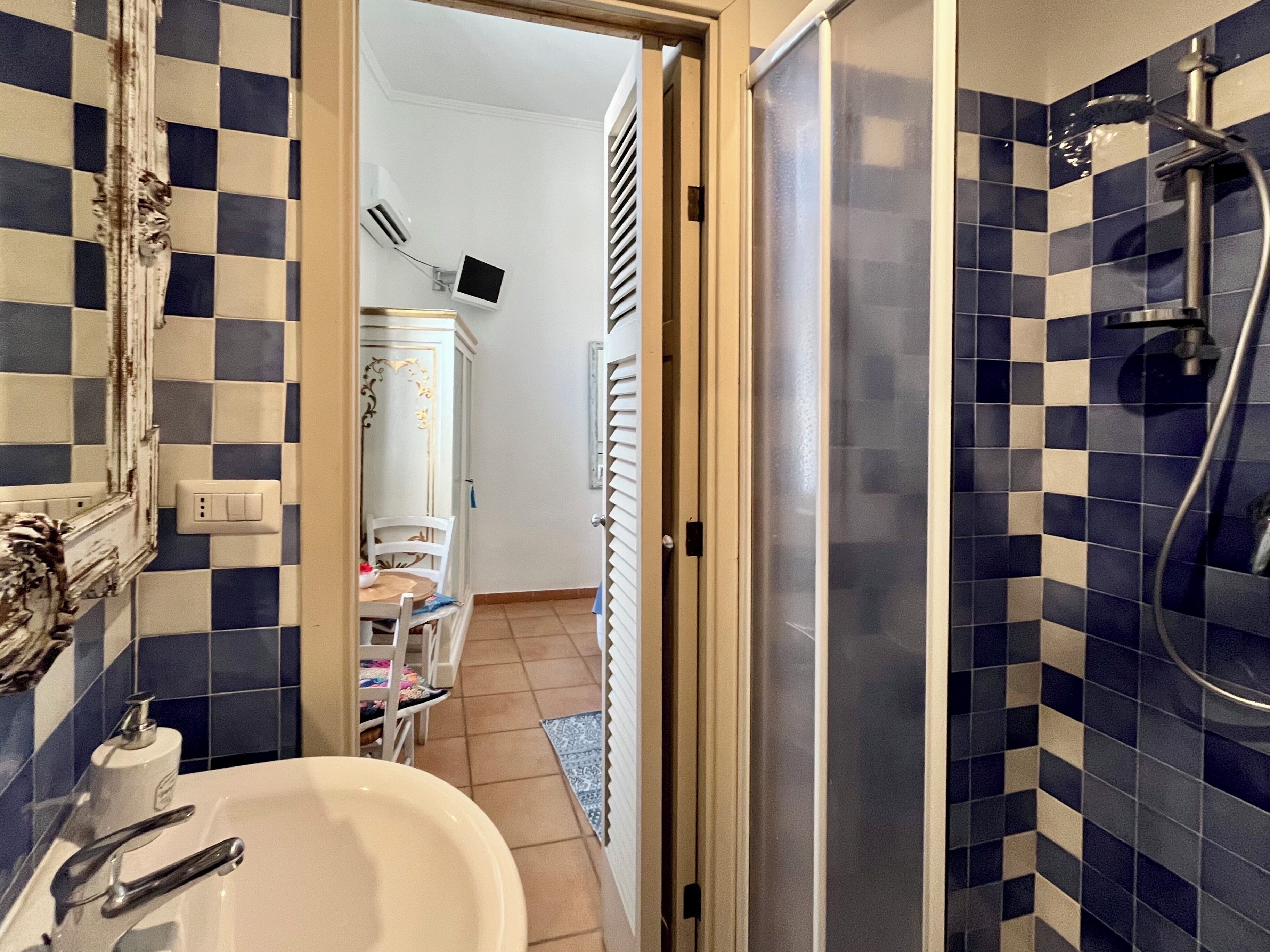 A bathroom with a checkered tile pattern, a white sink, and a shower area.