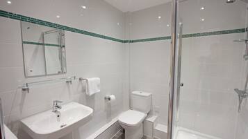 A modern bathroom with a glass-enclosed shower, a white sink, and a toilet.