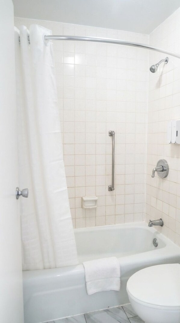 A bathroom with a shower, toilet, and a handrail.