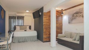Un dormitorio con cama, escritorio, silla, televisor y sofá.