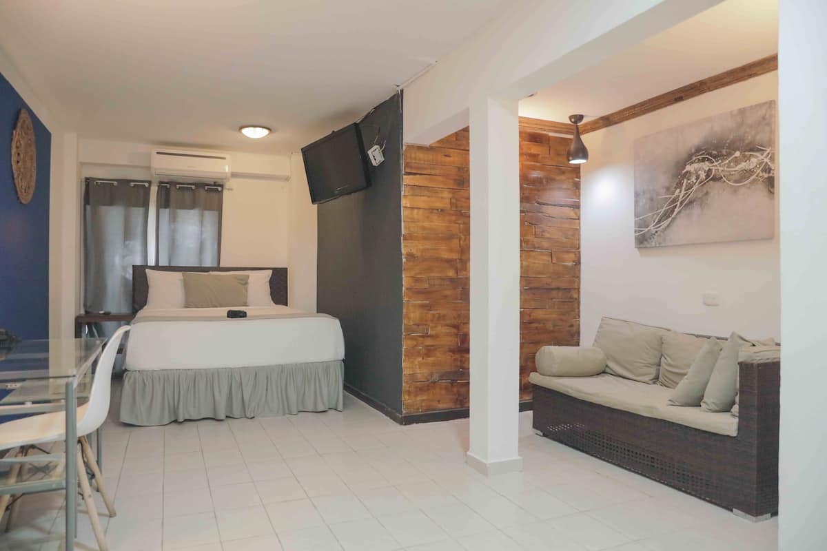 A bedroom with a bed, a desk, a chair, a TV, and a sofa.