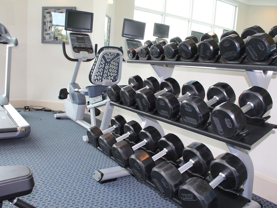 Una palestra con tapis roulant, panche per pesi e manubri.