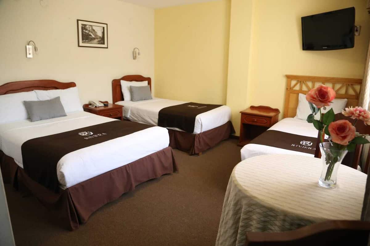 A hotel room with two single beds, a small table with a vase of flowers, and a television on the wall.