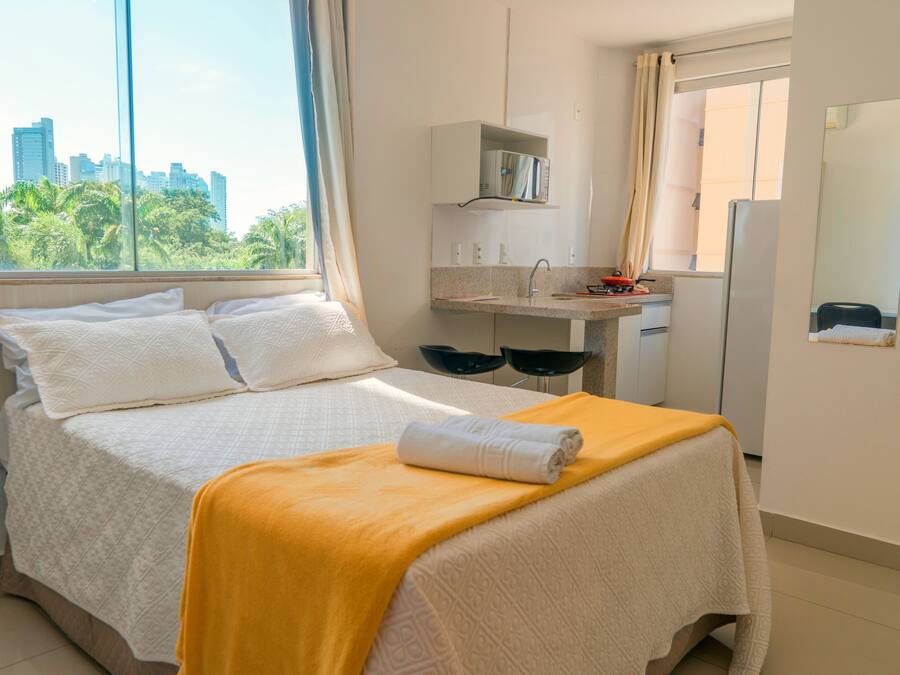Basic Double Room Single Use | Premium bedding, desk, blackout drapes, iron/ironing board